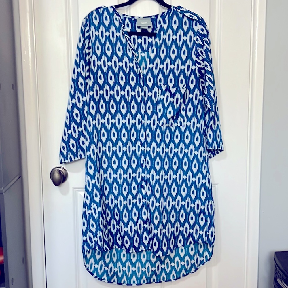 Maeve Blue and White Printed Midi Dress